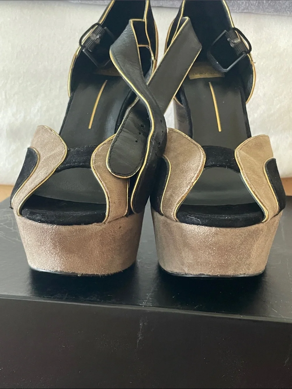 Dolce Vita Multi-Panel Platform Sandals in Black, Brown and Tan with Gold Trim